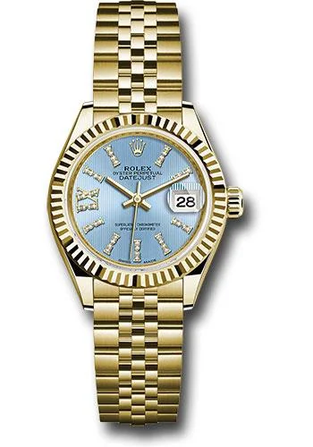 Rolex Yellow Gold Lady-Datejust 28 Watch - Fluted Bezel - Cornflower Blue Stripe Diamond Index Dial - Jubilee Bracelet - 279178 cbls36dix8dj