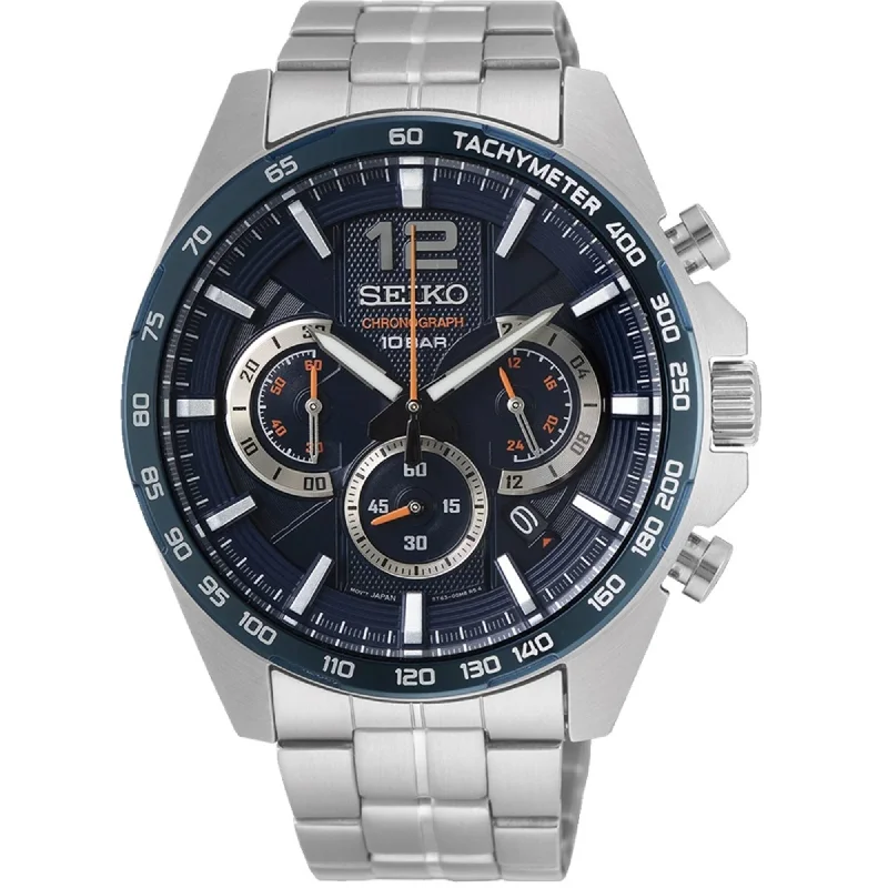 Seiko Men's Chronograph Watch - Essentials Blue Dial Silver Tone Bracelet | SSB345