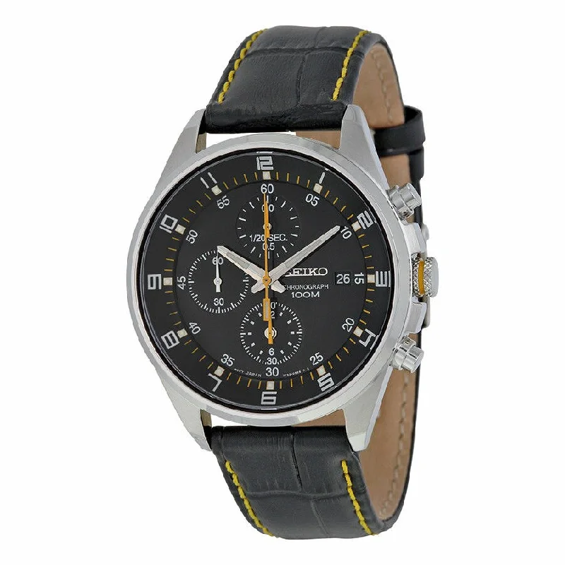 Seiko Black Dial Black Leather Strap Chronograph Mens Watch