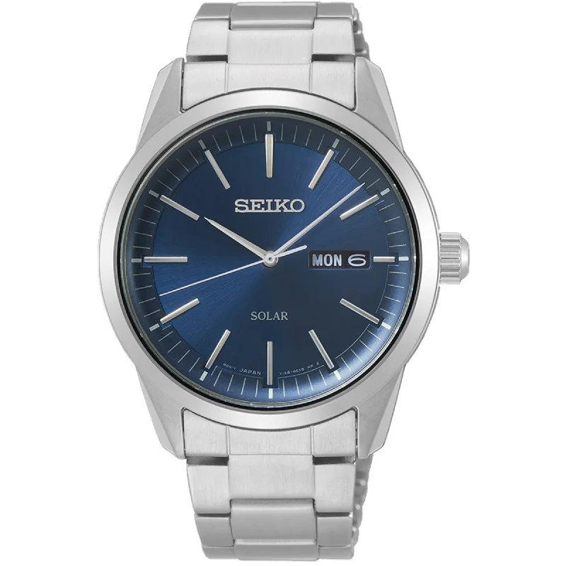 Seiko Men's Watch - Solar Powered Blue Dial Silver Stainless Steel Bracelet | SNE525