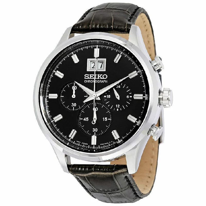 Seiko Black Dial Chronograph Black Leather Mens Watch