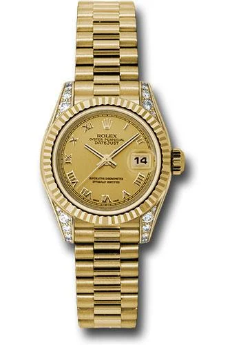 Rolex Yellow Gold Lady-Datejust 26 Watch - Fluted Bezel - Champagne Roman Dial - President Bracelet - 179238 chrp