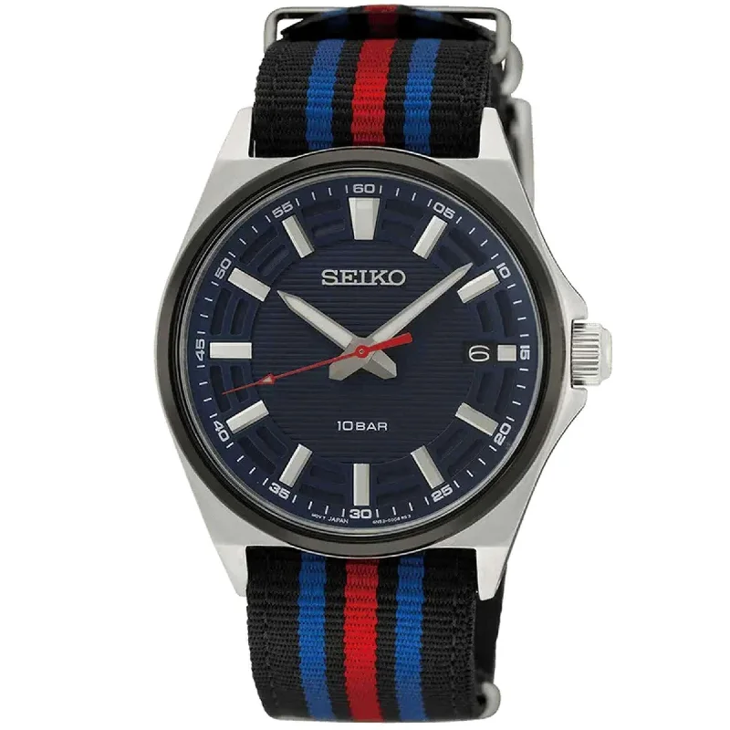 Seiko Men's Watch - Essentials Silver Tone Case Black, Blue, Red Strap | SUR509P1