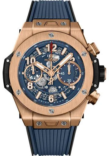 Hublot Big Bang Unico King Gold Blue Watch - 42 mm - Blue Skeleton Dial - Black and Blue Rubber Strap-441.OX.5189.RX