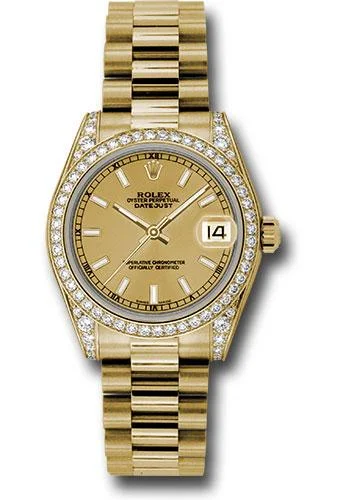 Rolex Yellow Gold Datejust 31 Watch - 48 Diamond Bezel - Champagne Index Dial - President Bracelet - 178158 chip