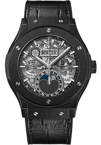 Hublot Classic Fusion Aerofusion Moonphase Black Magic Watch - 42 mm - Sapphire Dial - Black Rubber and Leather Strap-547.CX.0170.LR