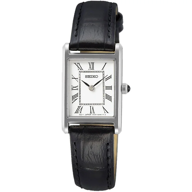 Seiko Women's Watch - Essentials Silver Tone Case Black Leather Strap | SWR053P1