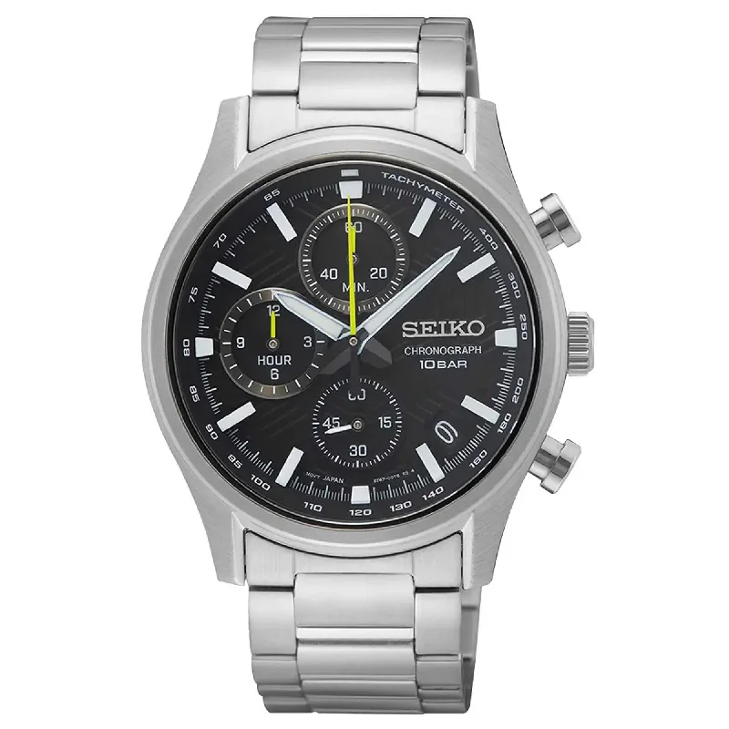 Seiko Men's Quartz Watch - Dress Chronograph Black Dial Silver Bracelet | SSB419P1