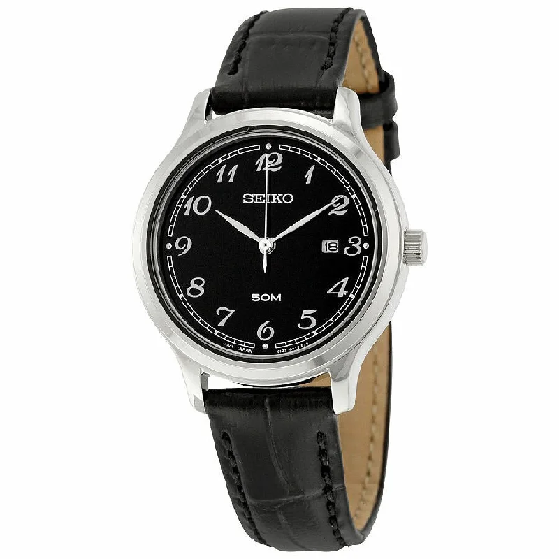 Seiko Black Dial Black Leather Womens Watch