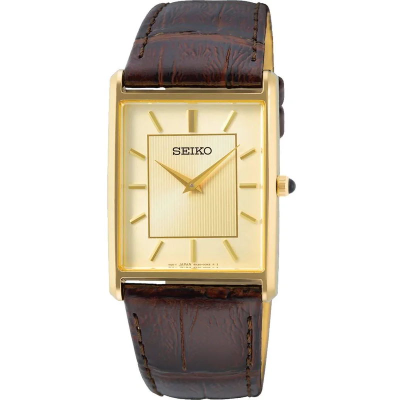 Seiko Men's Watch - Essentials Quartz Champagne Dial Brown Leather Strap | SWR064P1