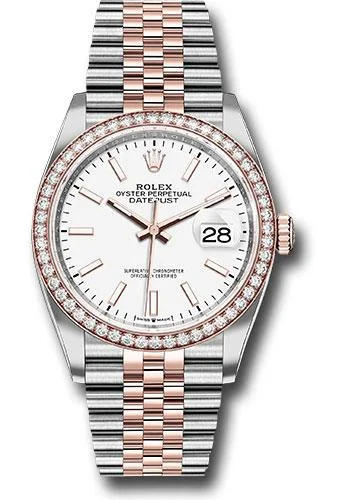 Rolex Steel and Everose Rolesor Datejust 36 Watch - Diamond Bezel - White Index Dial - Jubilee Bracelet - 126281RBR wij