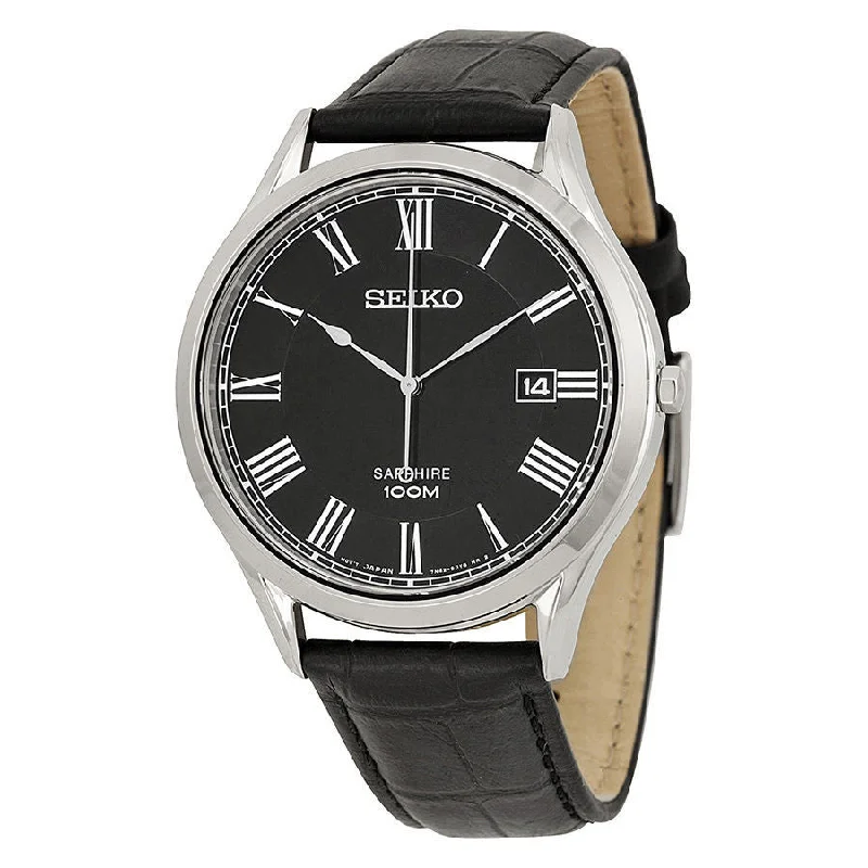 Seiko Black Dial Black Leather Mens Watch