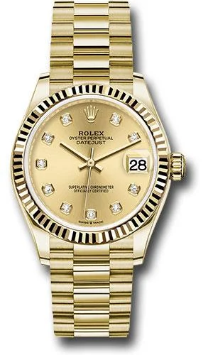 Rolex Yellow Gold Datejust 31 Watch - Fluted Bezel - Champagne Diamond Dial - President Bracelet - 278278 chdp