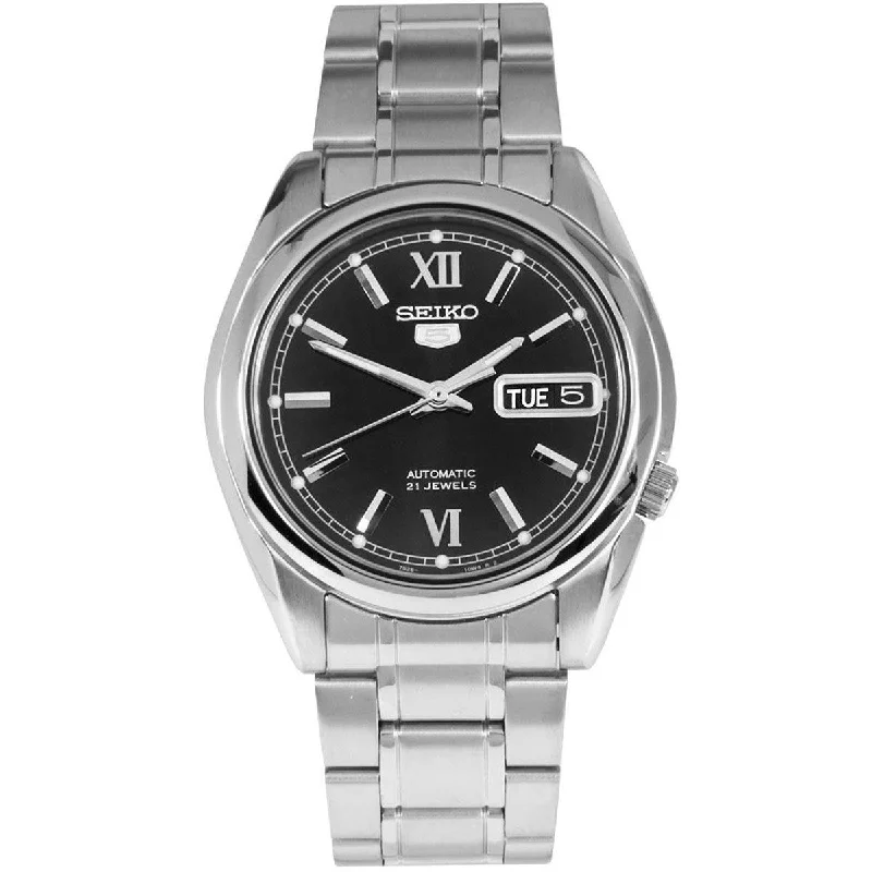 Seiko Men's Automatic Watch - Series 5 Black Dial Silver Steel Bracelet | SNKL55K1