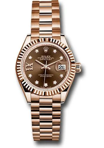 Rolex Everose Gold Lady-Datejust 28 Watch - Fluted Bezel - Chocolate Diamond Star Dial - President Bracelet - 279175 cho9dix8dp