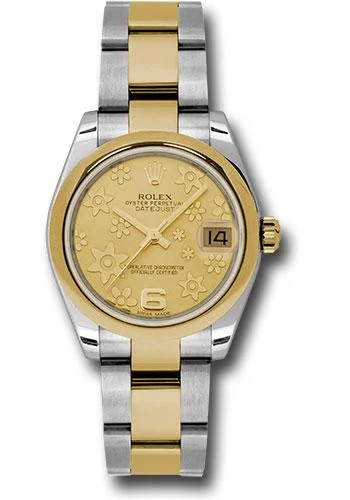 Rolex Steel and Yellow Gold Datejust 31 Watch - Domed Bezel - Champagne Floral Motif Dial - Oyster Bracelet - 178243 chfo