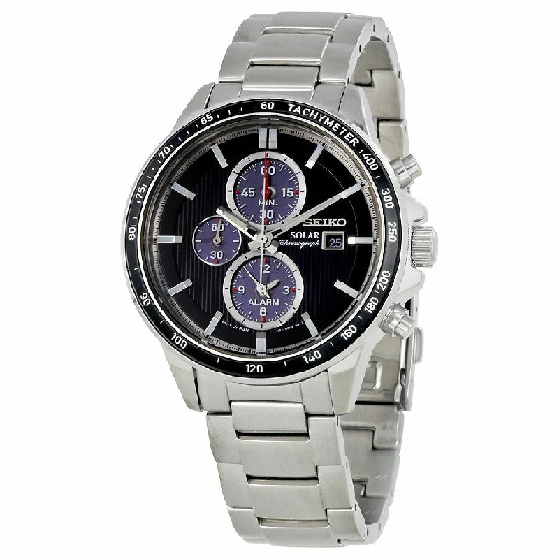 Seiko Solar Chronograph Black Dial Stainless Steel Mens Watch