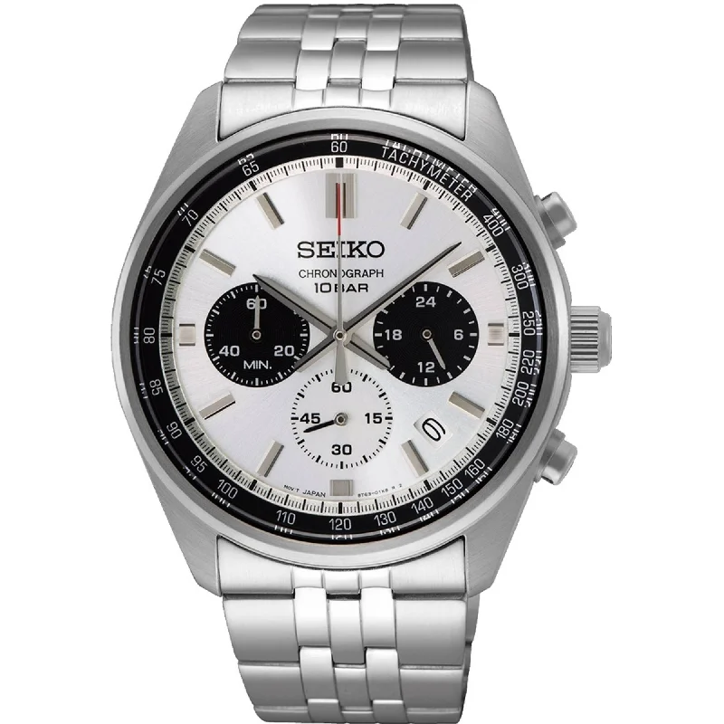 Seiko Men's Chronograph Watch - Dress White Dial Silver Tone Bracelet | SSB425P1