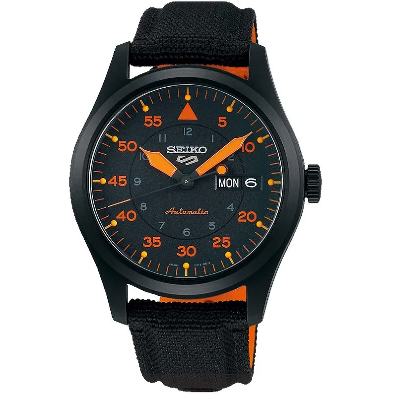 Seiko Men's Automatic Watch - 5 Sports Power Reserve Black and Orange Strap | SRPH33K1