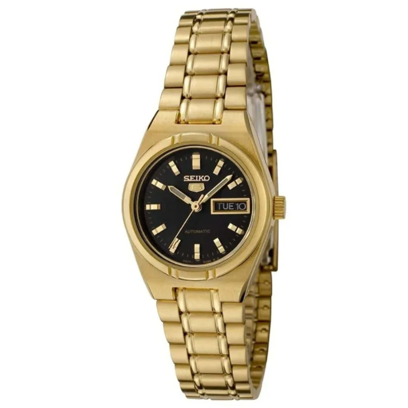 Seiko Women's Automatic Watch - Series 5 Black Dial Yellow Gold Bracelet | SYM602