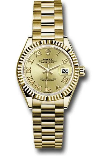 Rolex Yellow Gold Lady-Datejust 28 Watch - Fluted Bezel - Champagne Roman Dial - President Bracelet - 279178 chrp