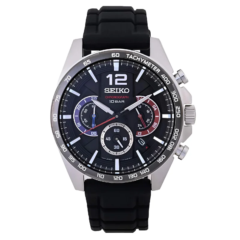 Seiko Men's Watch - Chronograph Silver Tone Case Black Silicone Strap | SSB347P1