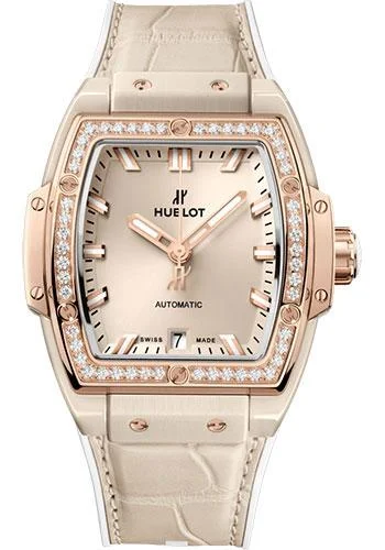 Hublot Spirit of Big Bang Beige Ceramic King Gold Diamonds Watch - 39 mm - Beige Dial - White Rubber and Beige Alligator Strap-665.CZ.898B.LR.1204