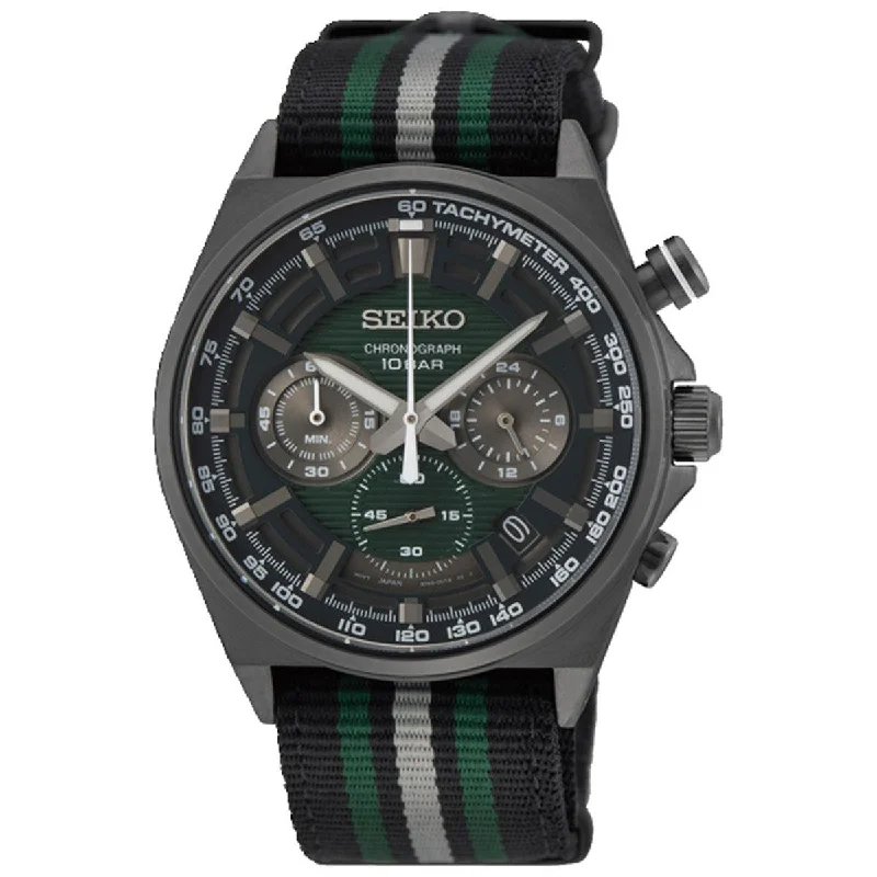 Seiko Men's Watch - Chronograph Green Dial Silver Tone Case Nylon Strap | SSB411P1